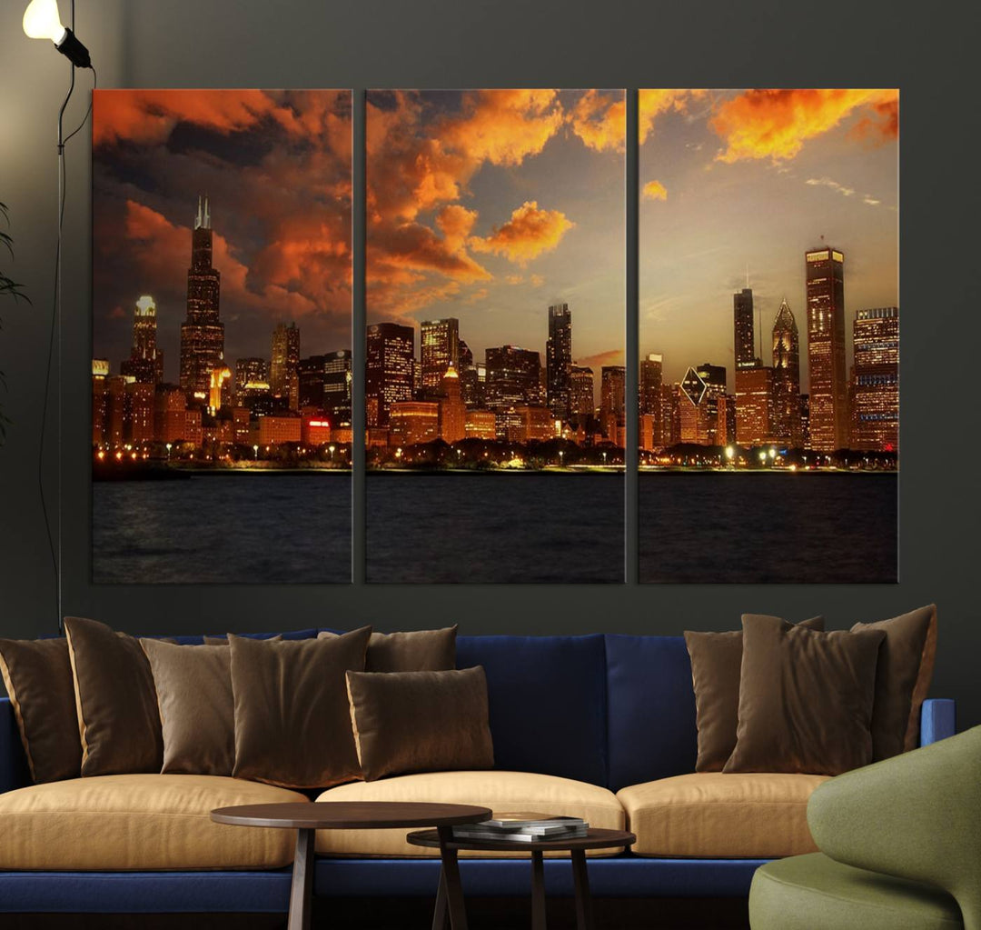 Chicago City Lights Coucher de soleil Orange Nuageux Skyline Paysage urbain Vue Art mural Impression sur toile