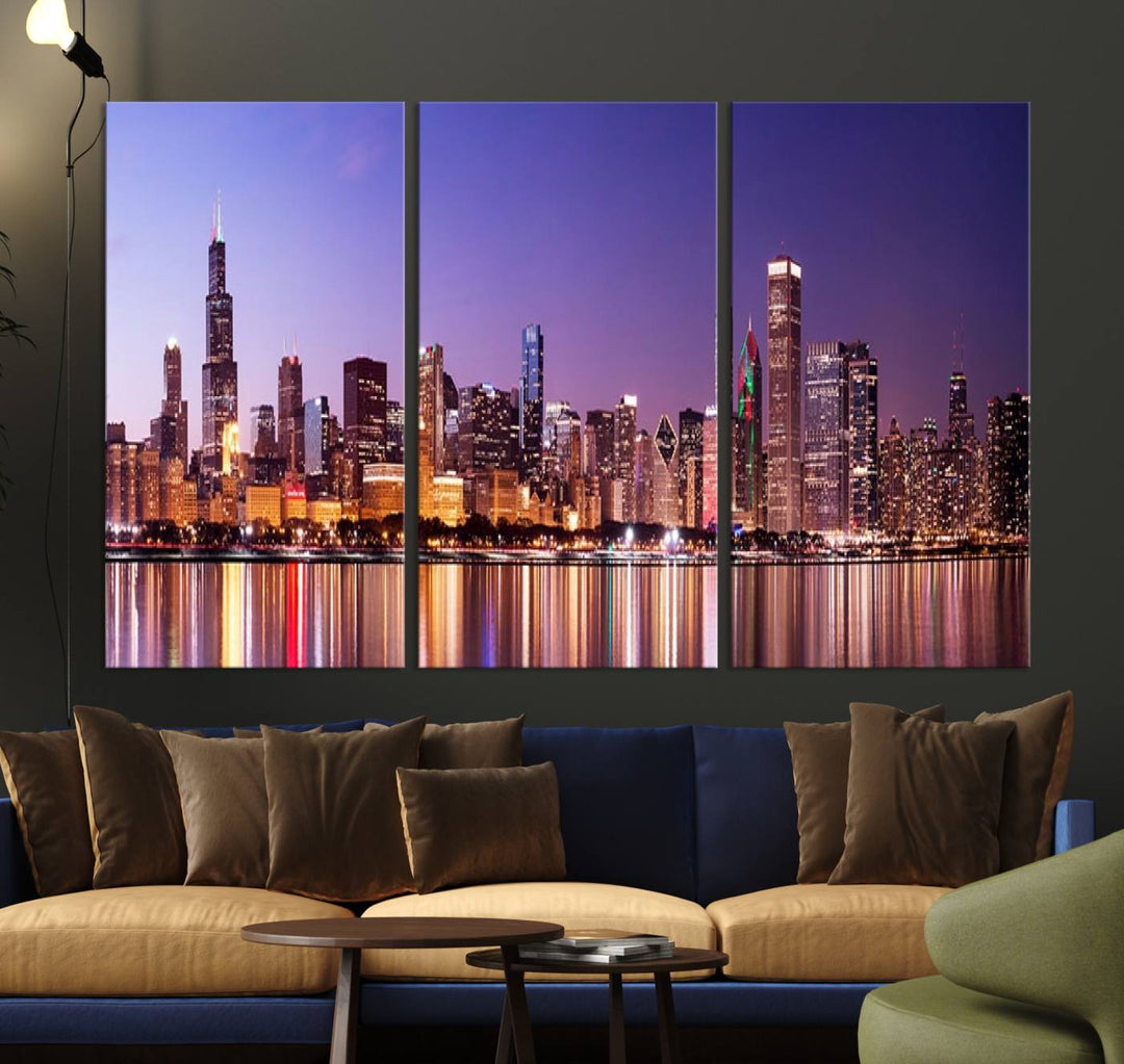 Chicago City Lights Night Purple Skyline Cityscape View Wall Art Canvas Print