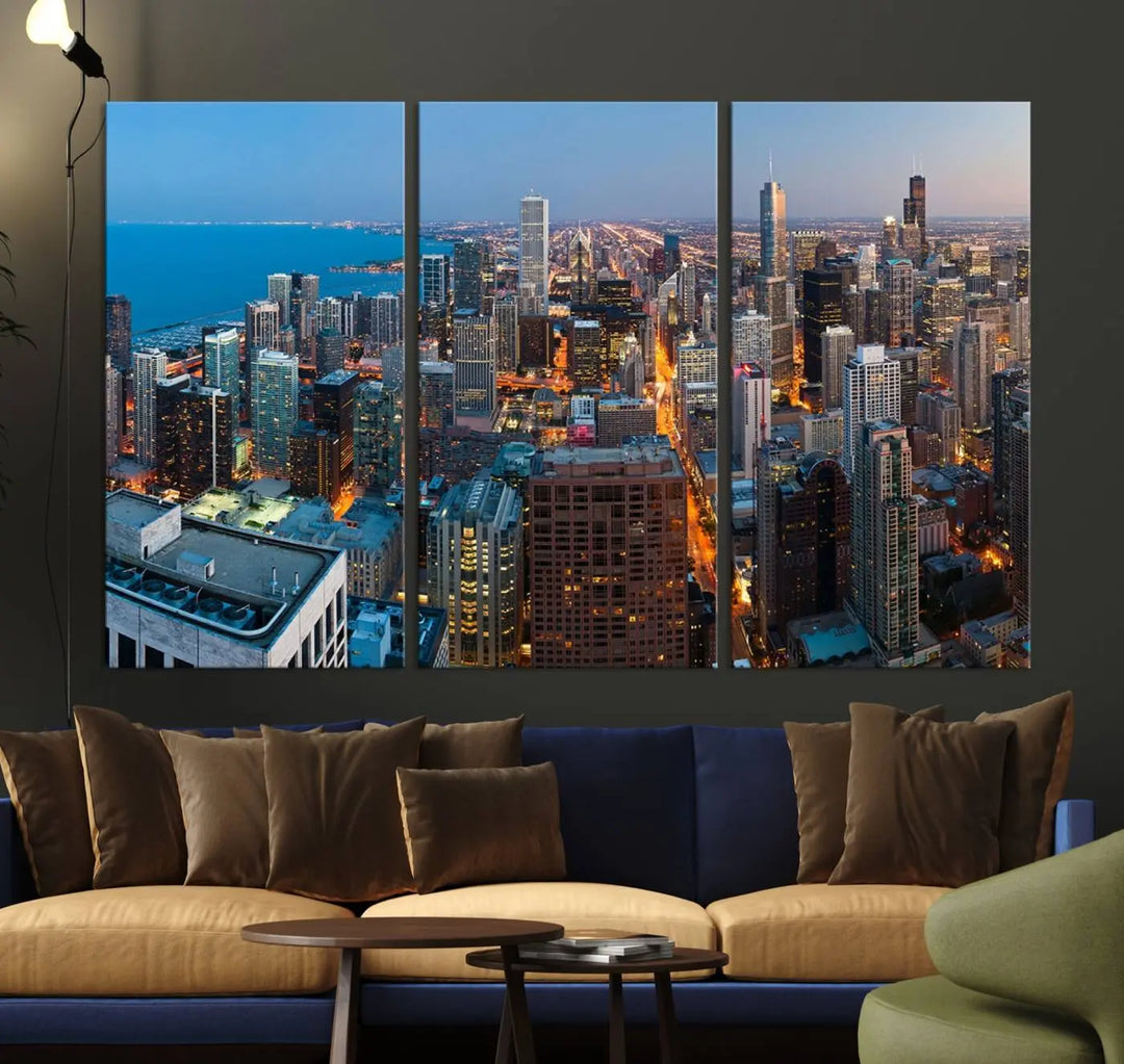 Product Name: Chicago Night Skyline Wall Art City Cityscape

Artwork Description: This artwork is a triptych depicting the Chicago city skyline at night. Created on museum-quality canvas with a UV-protective coating, it comes ready to hang and seamlessly enhances any space.