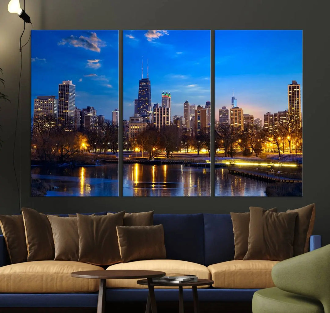 A triptych photo titled "Chicago City Lights Night Blue Skyline Cityscape View Wall Art Canvas Print" is elegantly displayed on gallery-wrapped, museum-quality canvases.