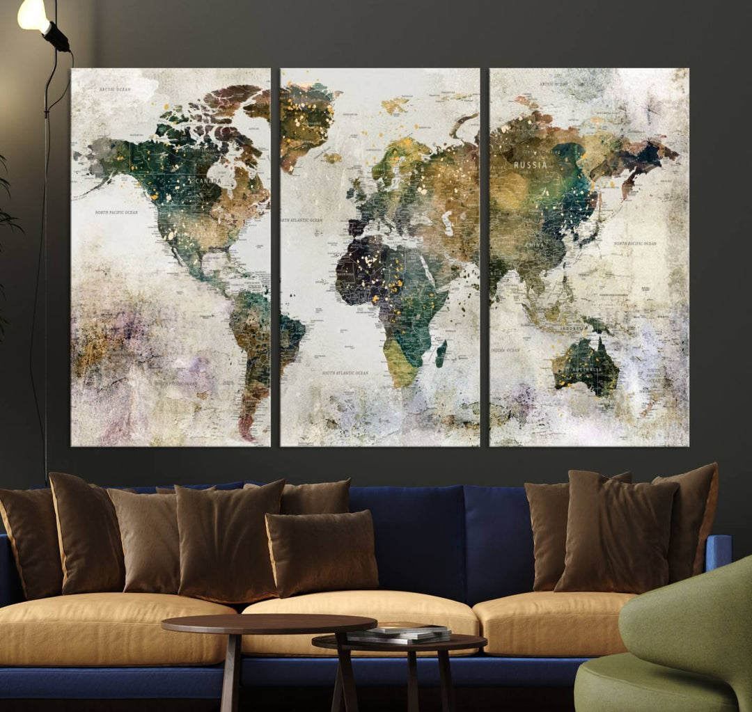 Carte du monde, impression d'art mural, carte sur toile, ensemble mural de 3 panneaux, cadeau, carte de voyage