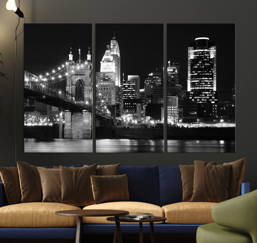 The Cincinnati City Skyline Black and White Wall Art Cityscape Canvas Print is prominently displayed.