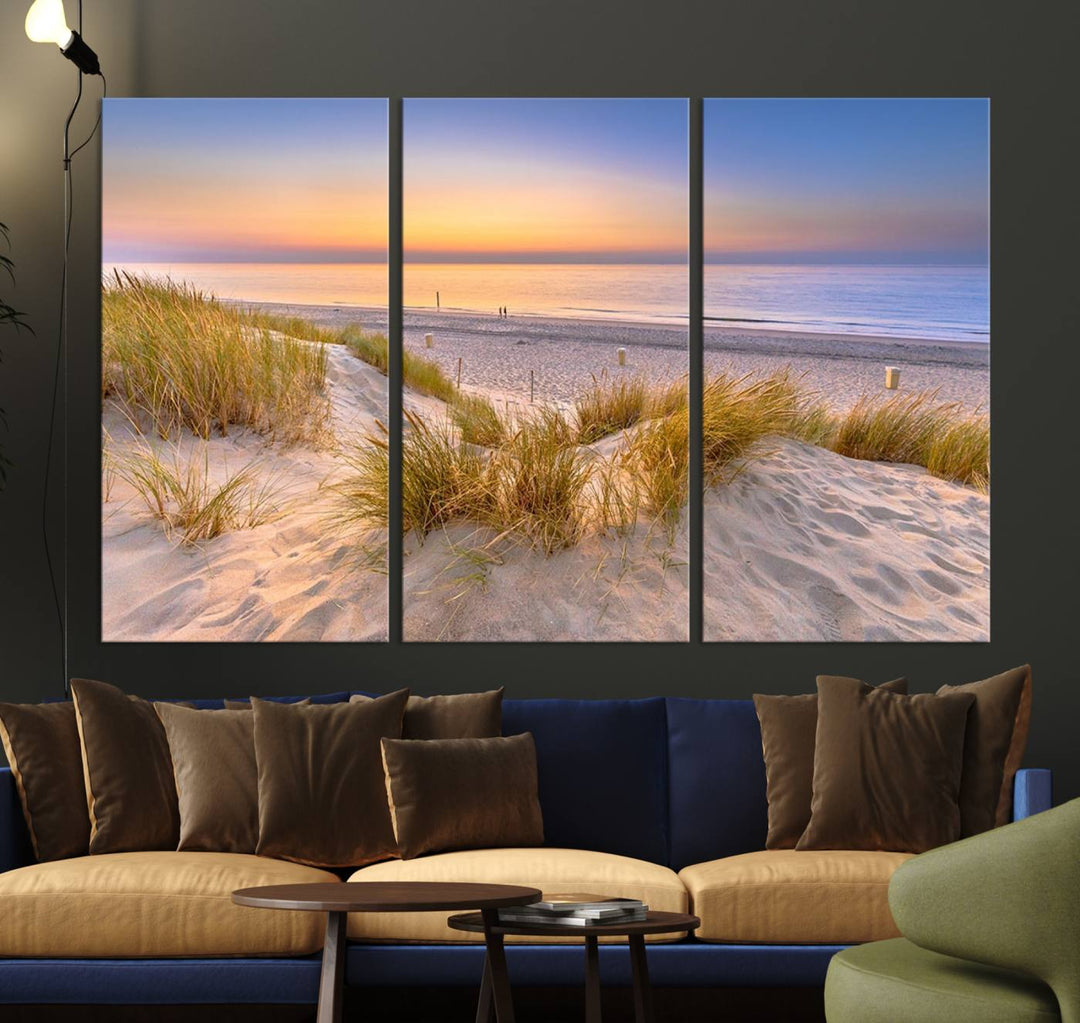 The "Sunset Silence on the Beach" wall art canvas print features a serene beach scene at sunset on museum-quality canvas with a UV-protective coating.