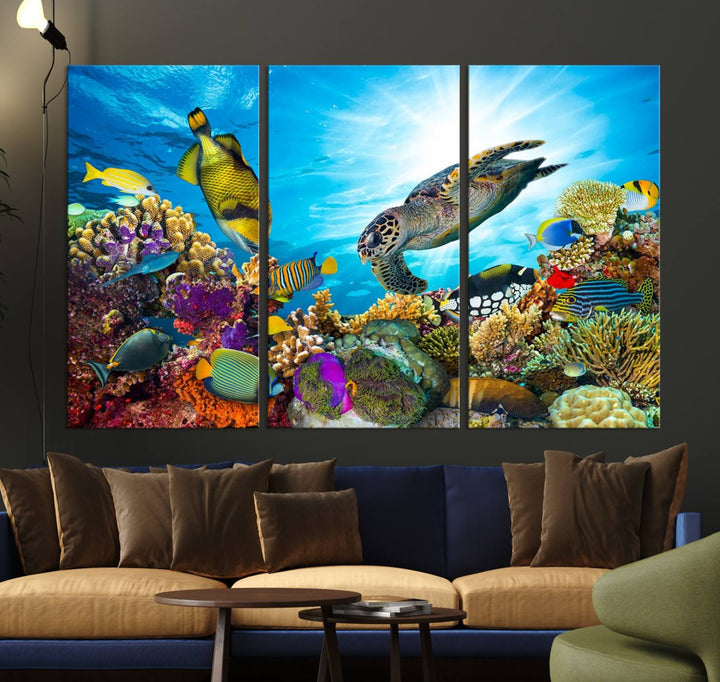 The Aquatic Life Sea Turtles Fish Wall Art Canvas Print is a triptych of vibrant underwater scenes featuring a sea turtle, various fish, and colorful coral. Crafted on museum-quality canvas, this handcrafted masterpiece brings the ocean to life in any space.