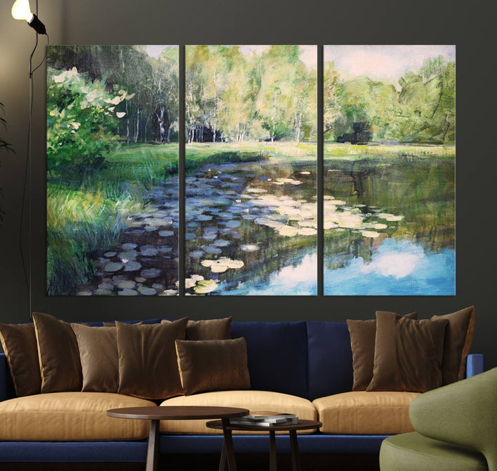 The "Forest Pond River Lake Wall Art Canvas Print" showcases a serene lakeside landscape with trees and water lilies. Crafted on museum-quality canvases and enhanced with UV-protective coating, this piece serves as an elegant addition to any space.