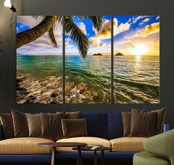 The Sunset Lake View Wall Art Canvas Print, gallery wrapped on a museum-quality canvas, enhances the vibrant living room decor with its UV-protective coating.