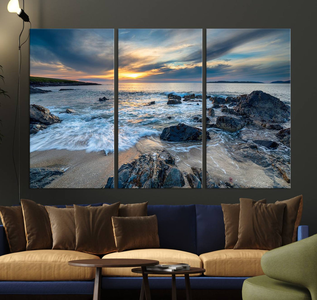 The "Beautiful Stormy Sunset at Bagh Steinigidh Beach Stones" triptych ocean-themed wall art is displayed on museum-quality canvas and features a UV-protective coating.