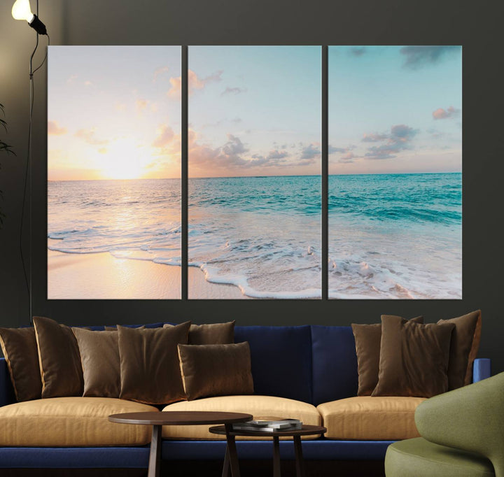 Tranquil Ocean Beach Sunset Canvas Wall Art | 3-Panel Coastal Decor for Living Room and Office | Large Giclee Print on Framed Beach and Ocean Wall Art