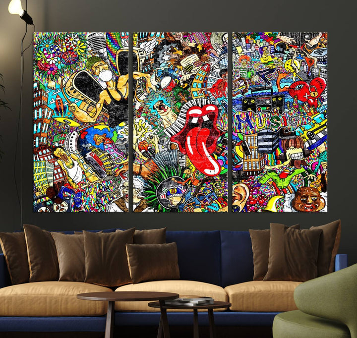 The Crazy Colors Music Vibes Wall Art Canvas Print showcases vibrant multi-panel abstract designs with colorful details on museum-quality canvas and is protected by a UV-coating.