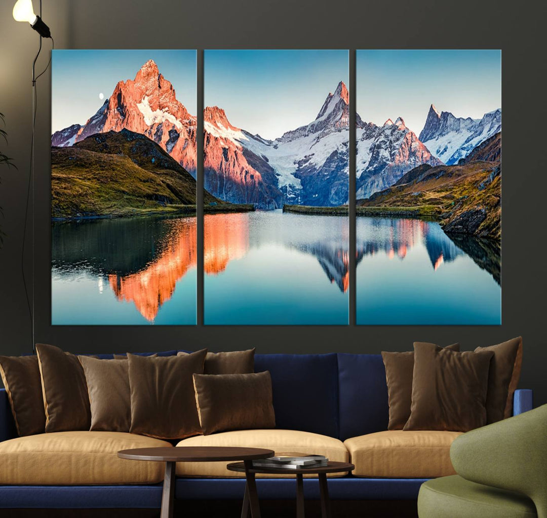 The living room features the Landscape Mountain and Lake View Wall Art Canvas Print. This triptych is expertly handmade in the USA on museum-quality canvas and includes a UV-protective coating to ensure lasting beauty.