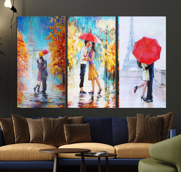 A triptych of the "Love in Paris Wall Art Canvas Print" showcases a couple with an umbrella in romantic settings. This artwork is crafted on museum-quality canvas and features a UV-protective coating for peace of mind. It also comes with the added convenience of free shipping.