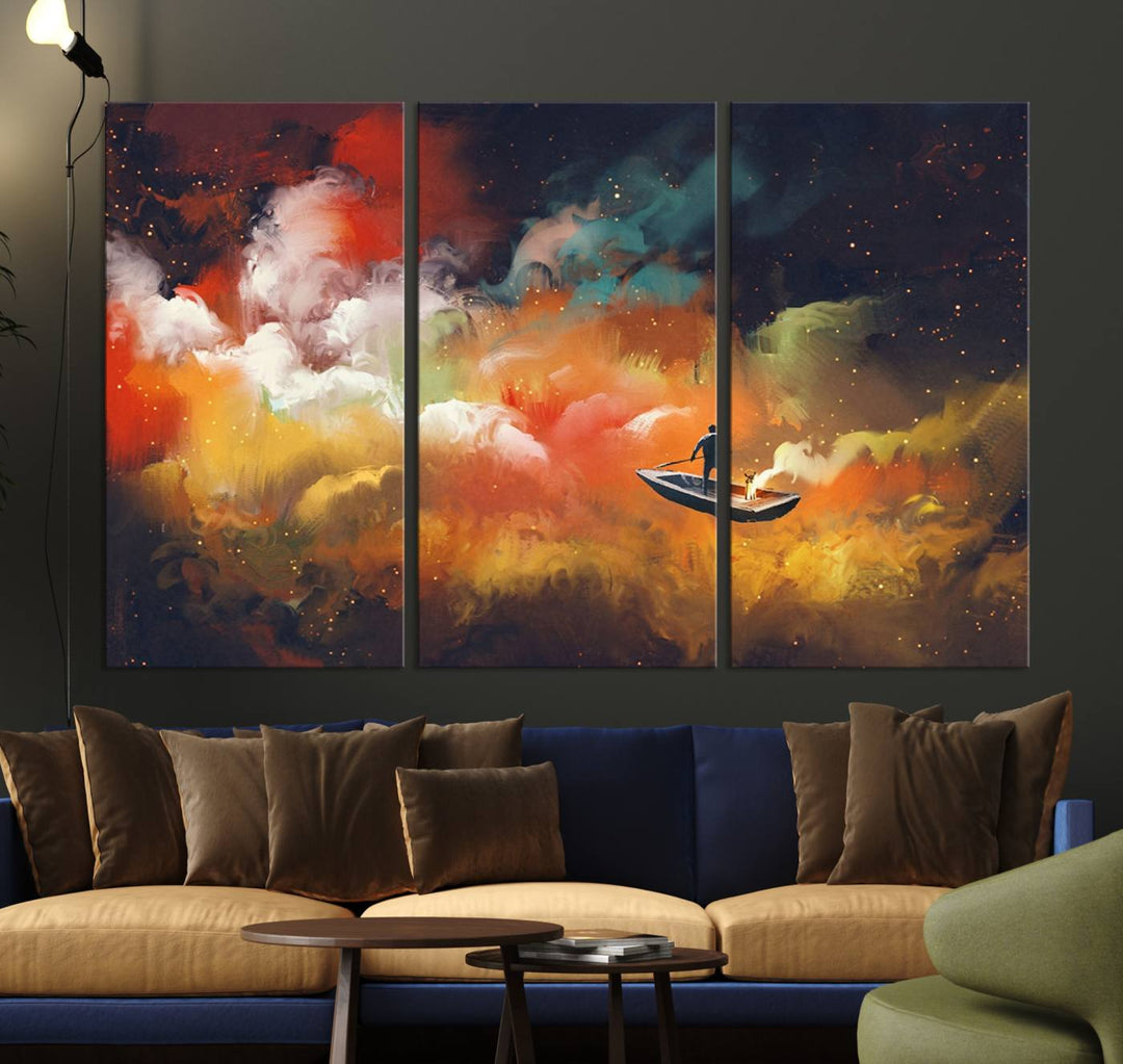 The "Surreal Space Adventure Canvas Wall Art" is a dreamlike abstract galaxy print with an astronaut among clouds, inviting you on a space adventure. This stunning piece comes framed and ready to hang, making it perfect for enhancing living room or bedroom decor.