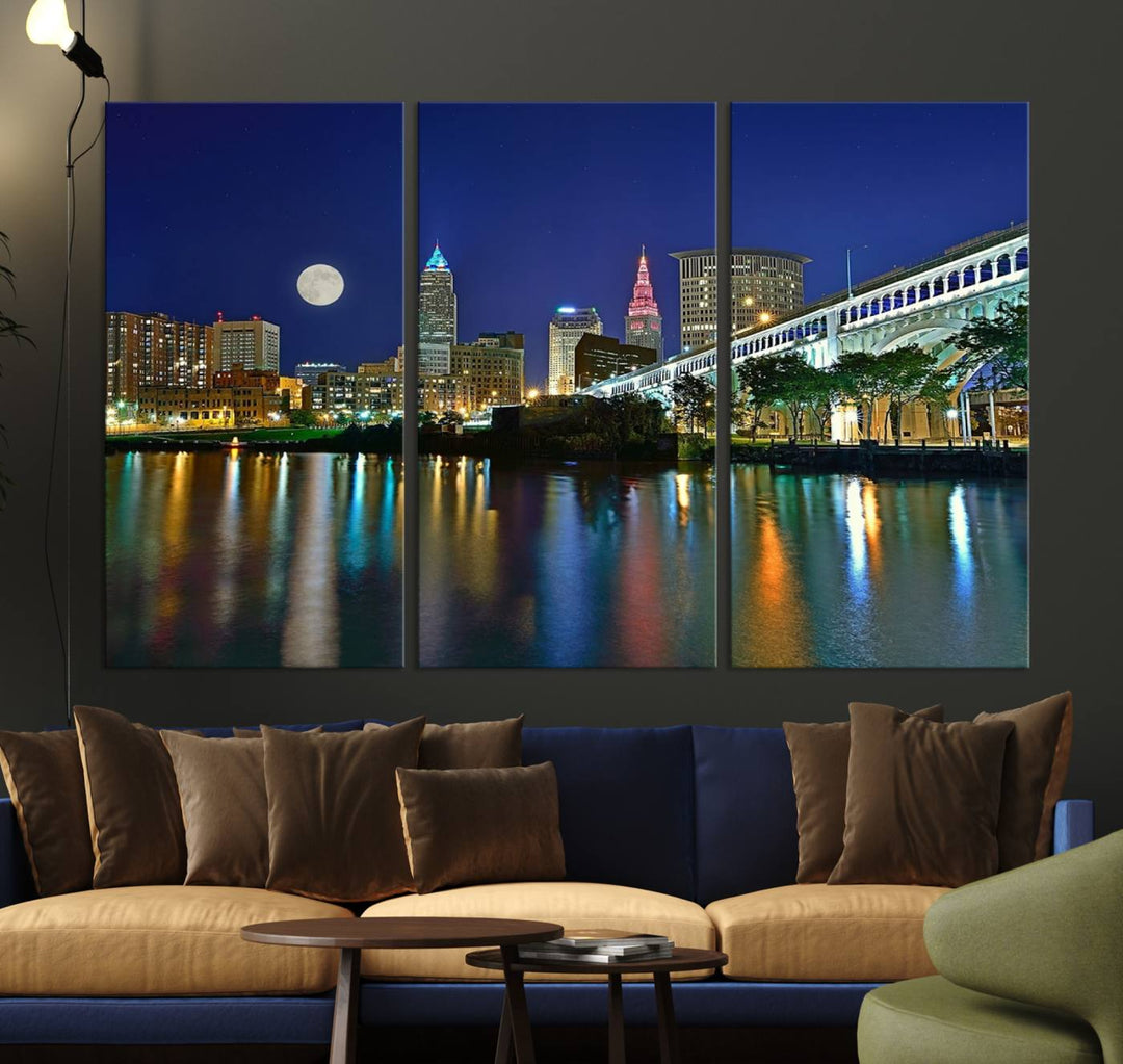 Cleveland City Lights Night Skyline, a stunning triptych wall art cityscape canvas print with museum-quality UV-protective coating, is beautifully showcased.