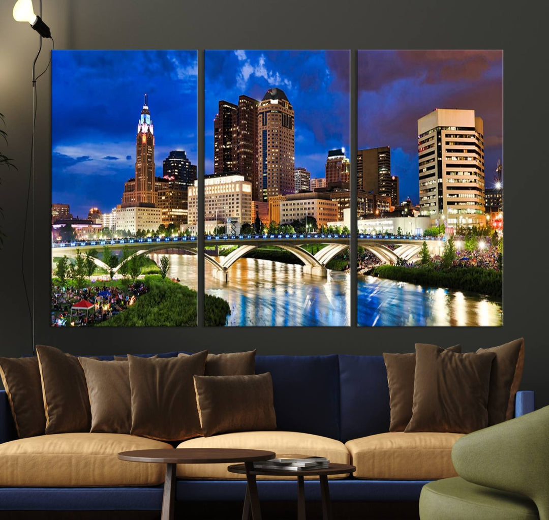 The Columbus City Lights Night Bright Blue Cloudy Skyline Cityscape View Wall Art Canvas Print, crafted on museum-quality canvas and finished with a UV-protective coating, adorns the wall.