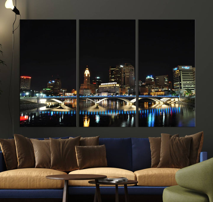 The "Columbus City Lights Night Skyline Cityscape View Wall Art Canvas Print" elegantly decorates the area, presented on museum-quality canvases that feature UV-protective coating to maintain their vibrant appearance.