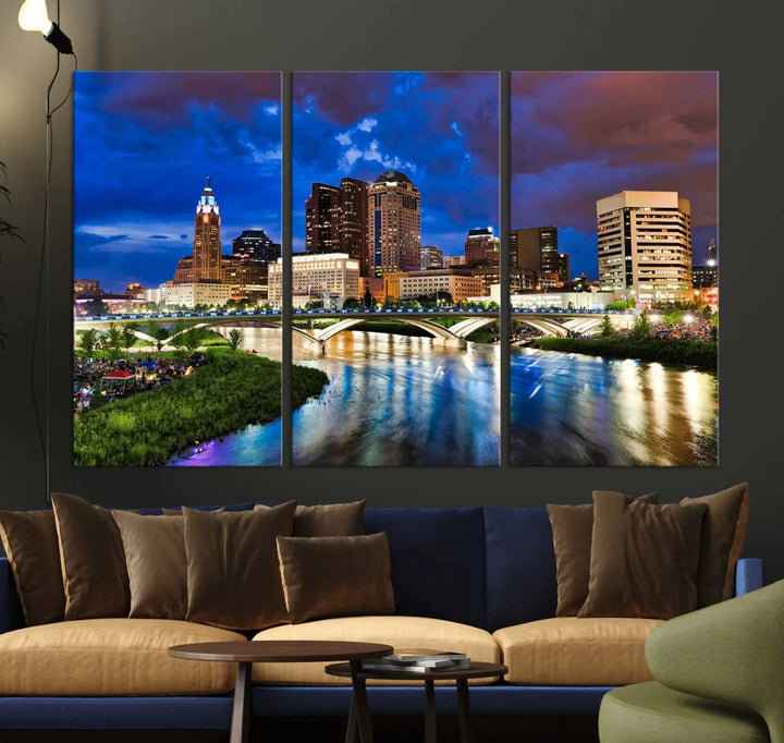 Columbus City Lights Night Bright Blue Cloudy Skyline Cityscape View Wall Art Canvas Print, gallery wrapped on museum-quality canvas, reflecting on a river.