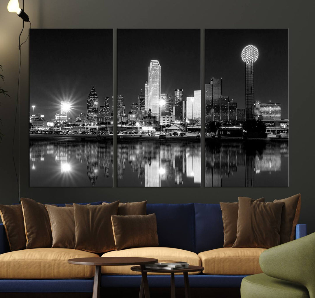 The living room showcases the Dallas City Lights Skyline Black and White Wall Art Cityscape Canvas Print. This museum-quality artwork is ready to hang and features a UV-protective coating to maintain its vibrant colors.