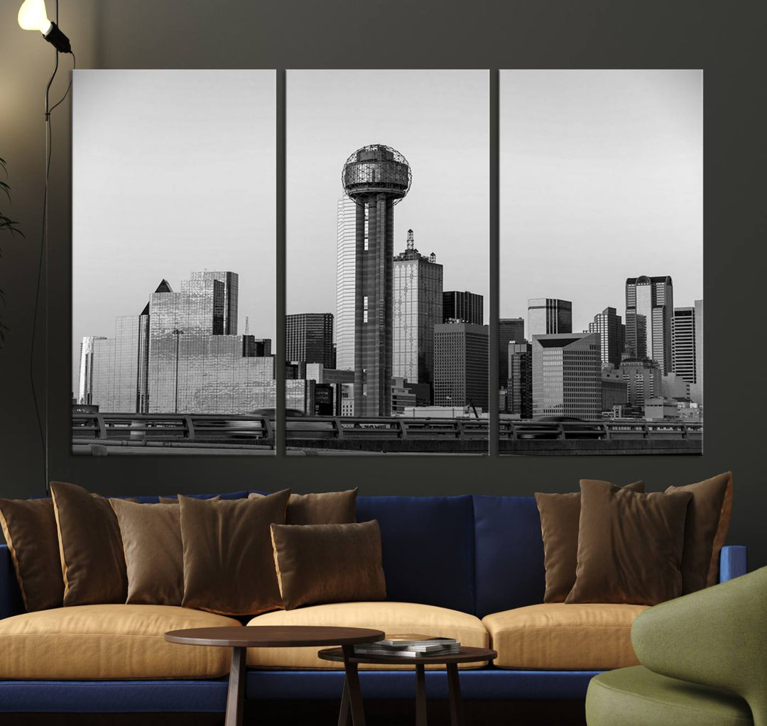 The Dallas City Lights Skyline Black and White Wall Art is elegantly displayed on museum-quality canvas.