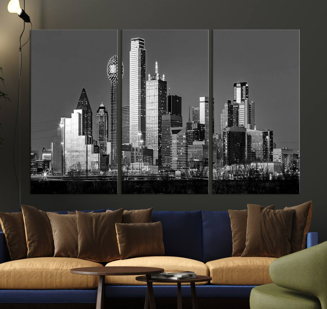 The Dallas City Skyline Black and White Wall Art Cityscape Canvas Print features a gallery-wrapped, museum-quality finish.