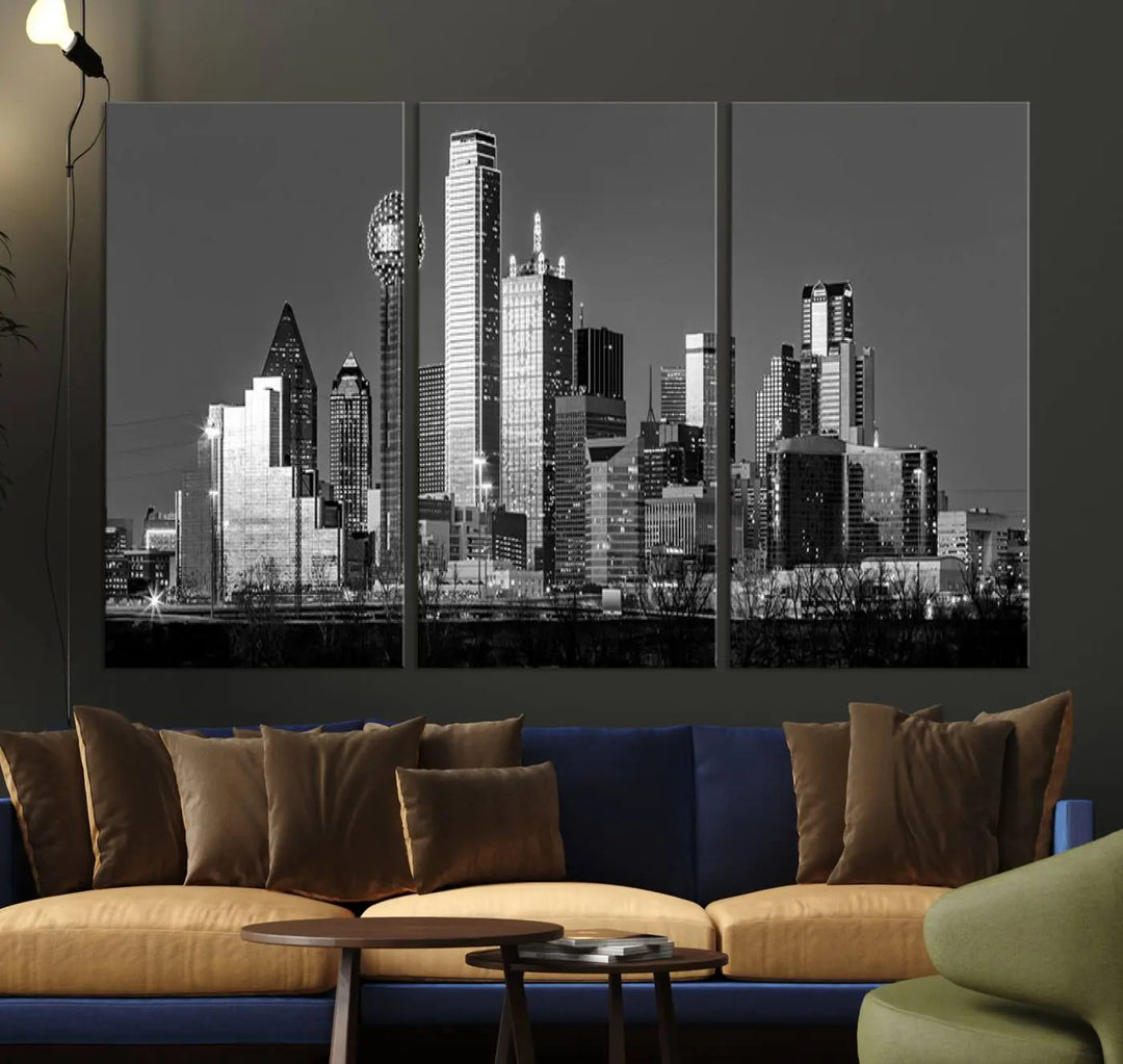 A black and white triptych of the Dallas city skyline is displayed, crafted on museum-quality canvas. This wall art piece is ready to hang, with each component adorned with a UV-protective coating to maintain its captivating appeal.