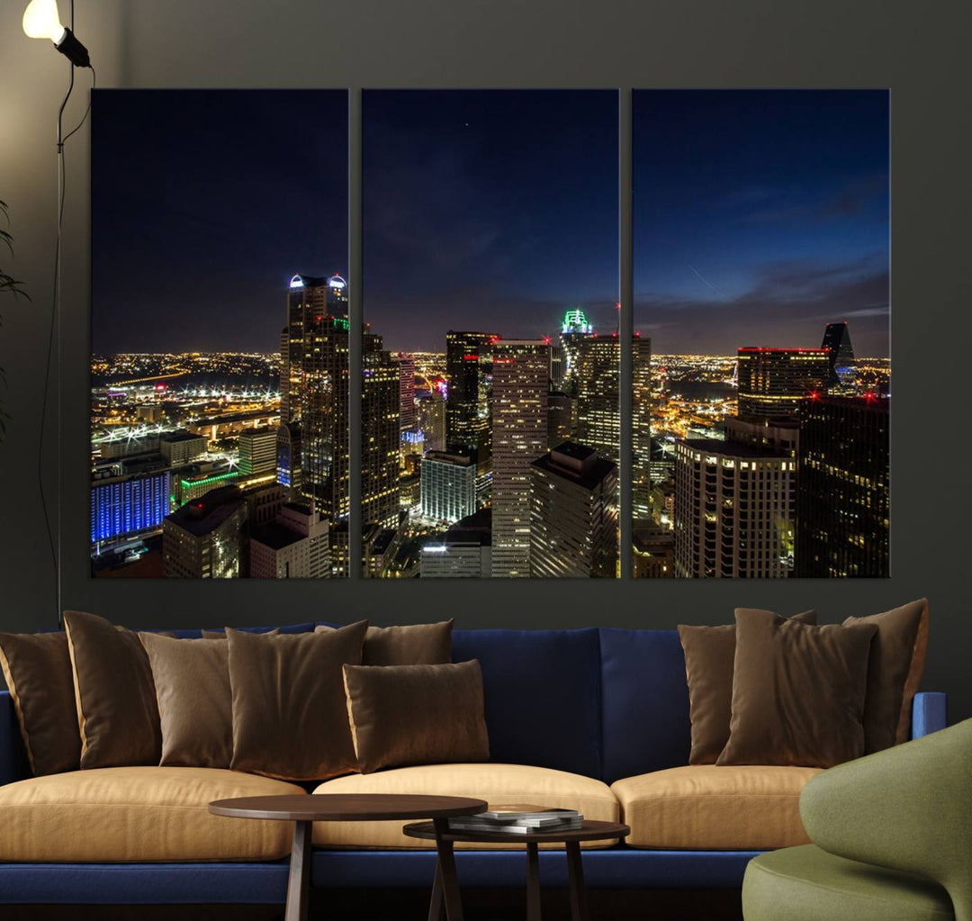 A living room showcasing a Dallas City Lights Night Skyline Cityscape View Wall Art Canvas Print, a three-panel artwork on museum-quality canvas with vibrant colors and durability.