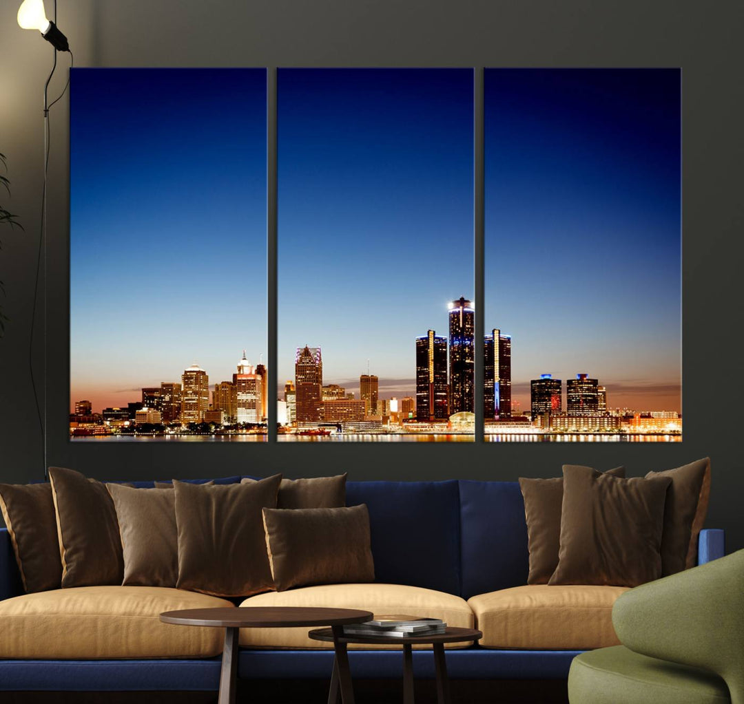 The Detroit City Lights Sunrise Skyline Cityscape View Wall Art Canvas Print adorns the modern living room. Crafted on museum-quality canvas with a UV-protective coating, this piece is ready to hang and elegantly elevates your décor.