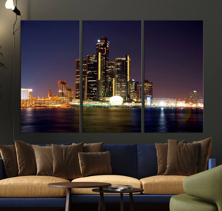 The Detroit City Lights Night Skyline Cityscape View Wall Art Canvas Print, elegantly split into three panels, is made from museum-quality pollycotton and gallery wrapped for a sophisticated touch. It is available with free shipping to effortlessly elevate your space.