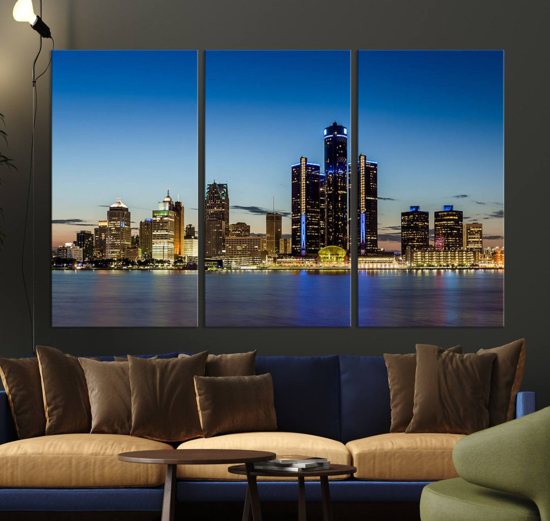 The "Detroit City Lights Sunrise Skyline Cityscape View Wall Art Canvas Print" on the wall is a triptych gallery-wrapped on museum-quality canvas, adding an elegant touch to the space.