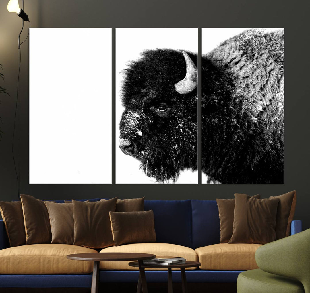 American Bison Wall Art - Buffalo Wall Art Black and White Canvas Print - Framed, Ready to Hang, Modern Nature-Inspired Artwork for Home and Office Decor