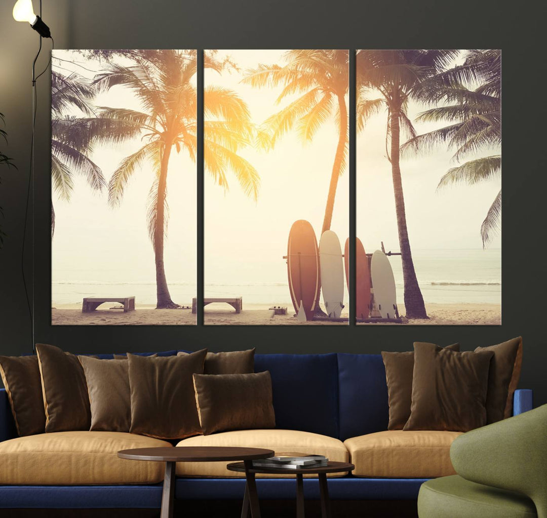 Surfboard and Palm Tree on Beach Double Exposure with Colorful Bokeh Sunset Light Wall Art Canvas