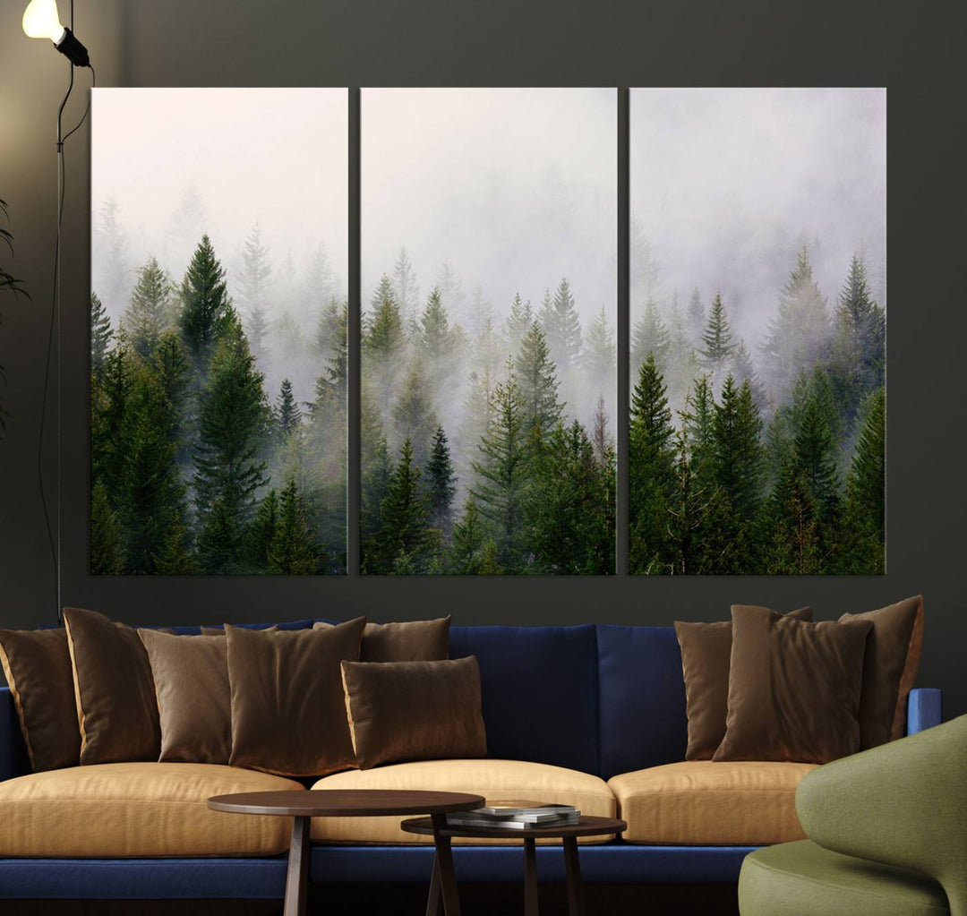 A 3-panel Misty Pine Forest Wall Art Canvas Print, featuring a green woodland scene, adorns the wall.