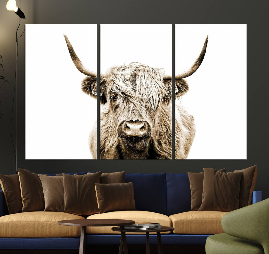 Lienzo de vaca de las Tierras Altas, arte de pared, decoración de granja, vaca, impresión en blanco y negro, decoración de pared rústica, pintura de animales, pared de vaca escocesa