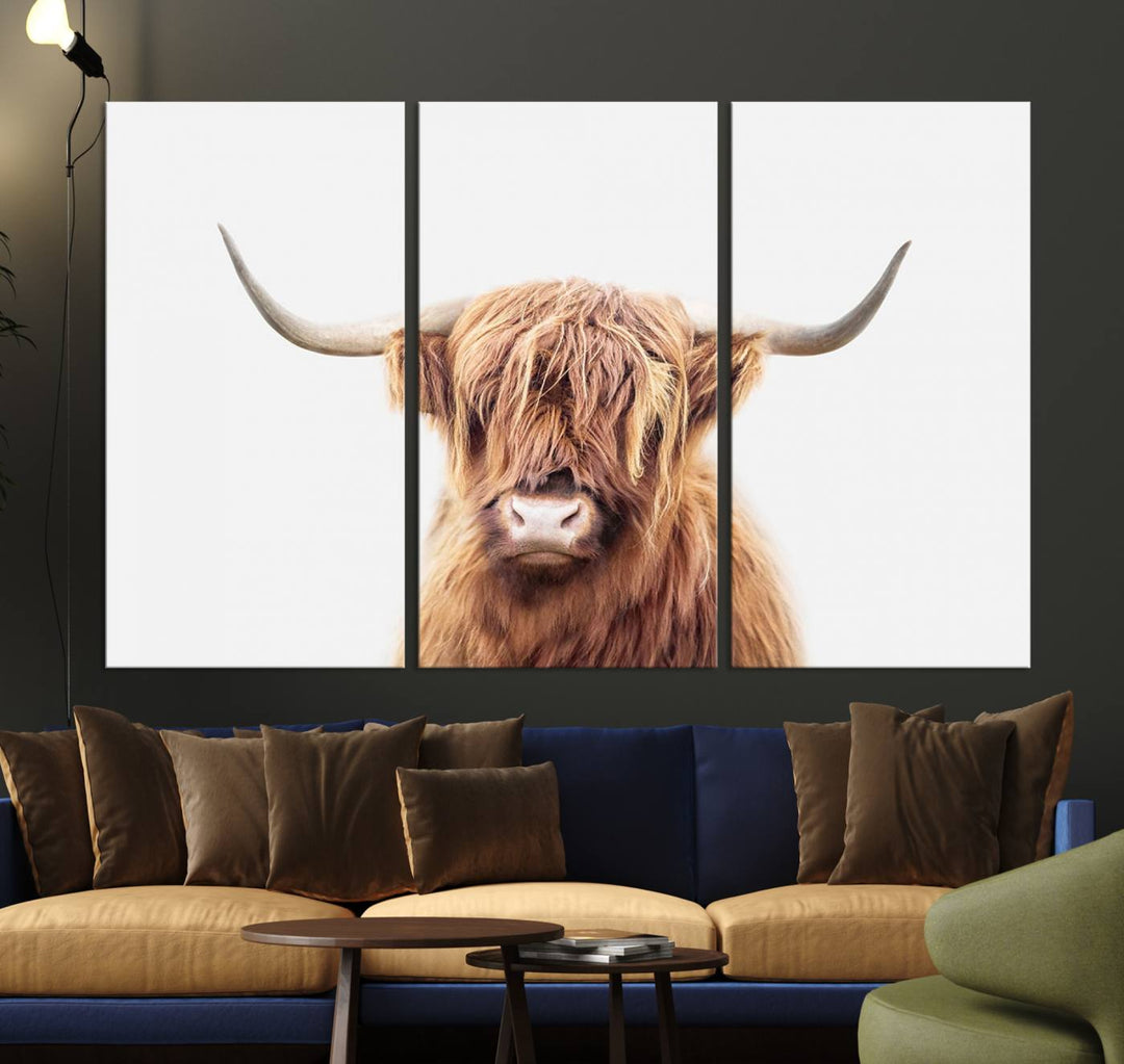 A set of Scottish Highland Cow Cattle Art Print Farmhouse Wall Art Canvas Prints, professionally hand-assembled on museum-quality canvases with a UV-protective coating, is displayed prominently.