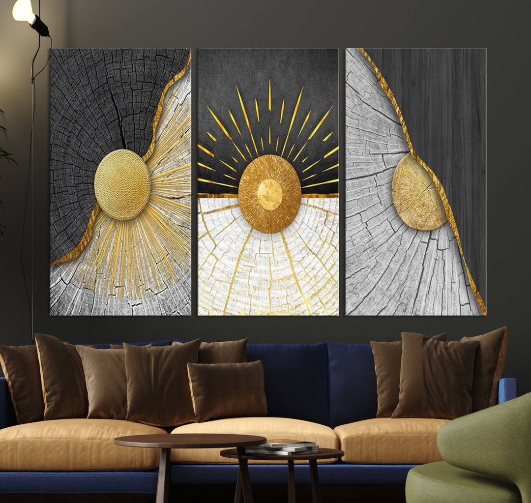 A contemporary living room is enhanced by the Minimal Style 3 Panel Abstract Wall Art Canvas Print in gold and gray. Each panel arrives ready to hang, providing an easy fusion of elegance and modernity.