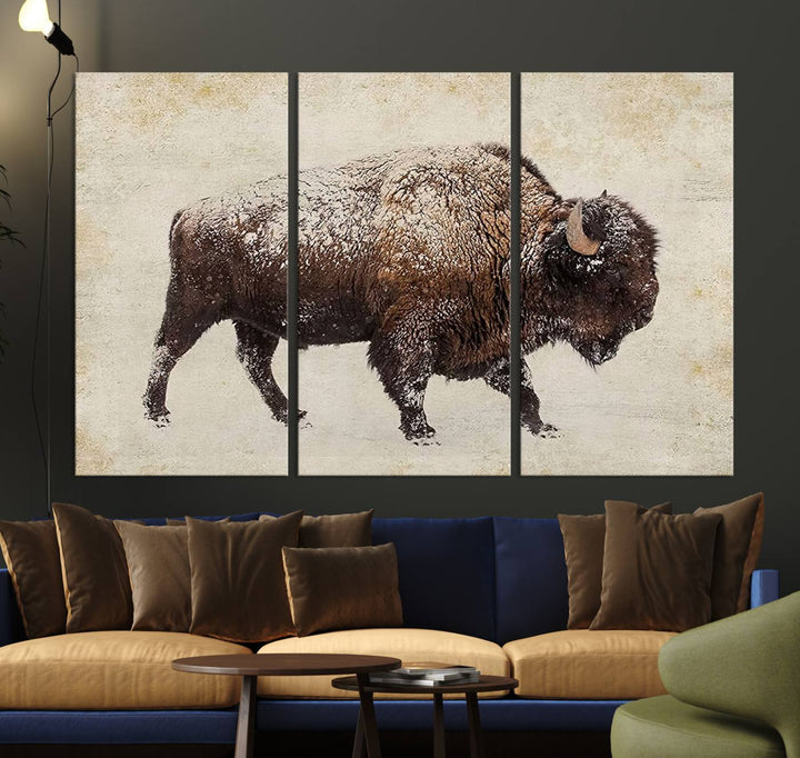 The "Buffalo Wall Art" canvas print, featuring a Western bison, hangs prominently, infusing the space with rustic cowboy and Western decor.