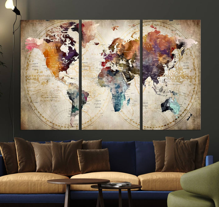 A World Map Wall Art Canvas Print featuring vibrant colors is crafted on museum-quality canvas, adding a touch of elegance to the room.