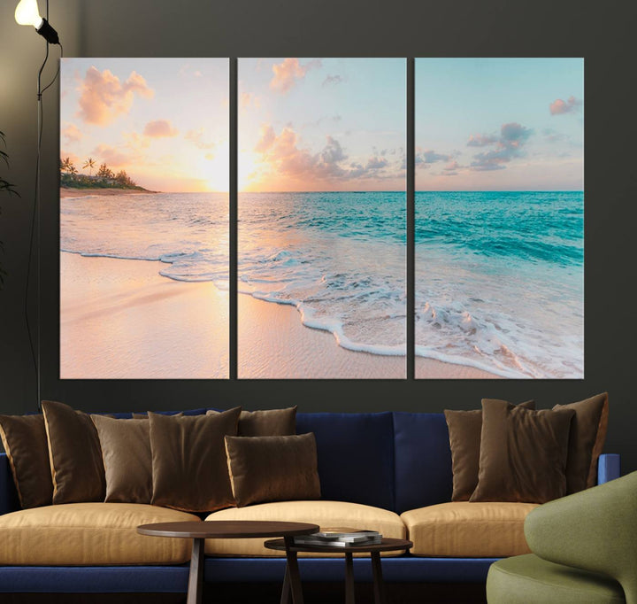 Beach Sunrise Wall Art, Coastal Seascape Canvas Print, Ocean Wave Multi-Panel Giclee, Coastal Sunset Beach Scene for Modern Decor