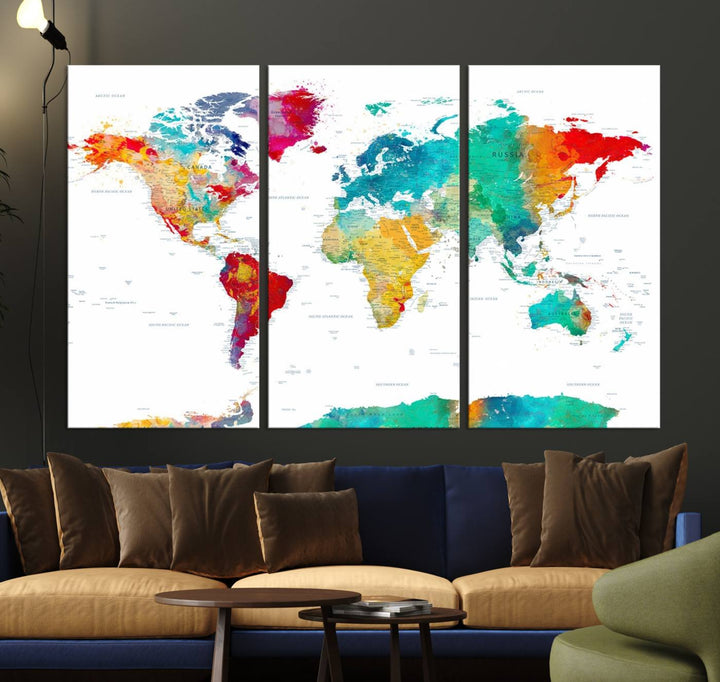 A stunning Colorful World Map Triptych Canvas Print, featuring a ready-to-hang framed design, adds vibrancy and modern flair to the space, effortlessly elevating the entire home décor.