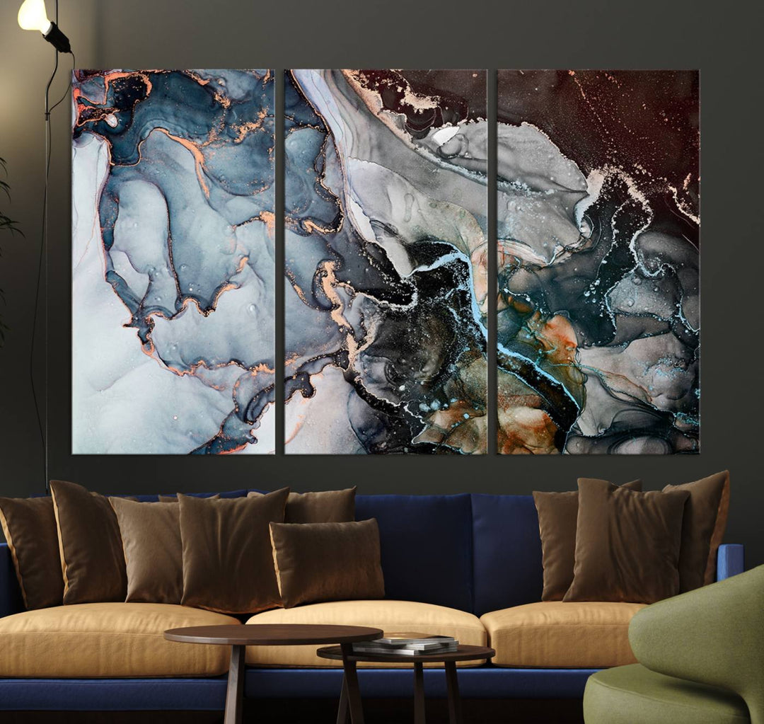 The Mix Color Large Abstract Marble Wall Art Canvas Print is printed on museum-quality canvas. It features a UV-protective coating and is ready to hang, adding elegance to the room.