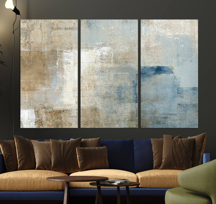 Modern abstract blue and beige wall art on giclee canvas. Large, multi-panel artwork for minimalist and contemporary decor.