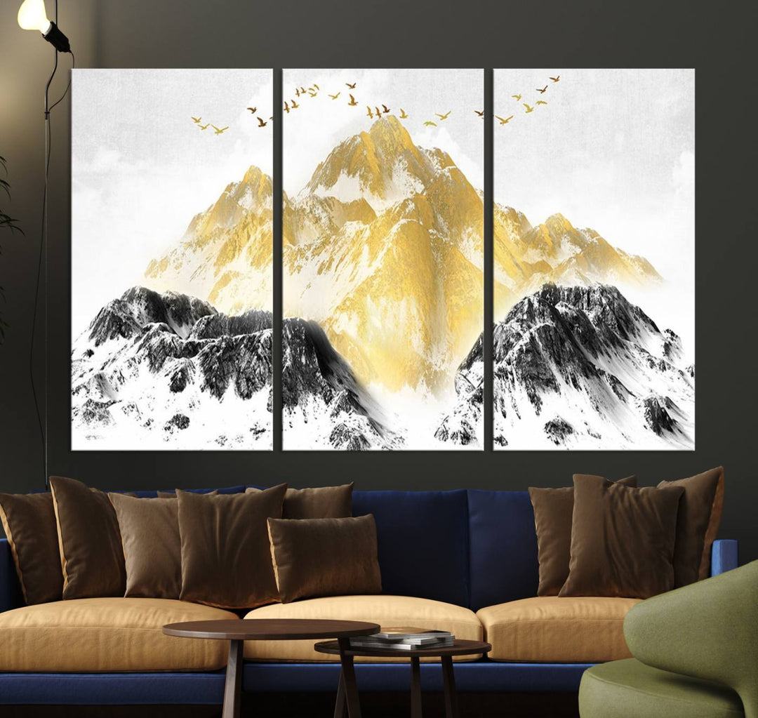 Golden Mountain Triptych Wall Art, Modern Giclee Canvas Print, Nature Landscape Decor for Living Room, Contemporary Gold and Black Wall Art