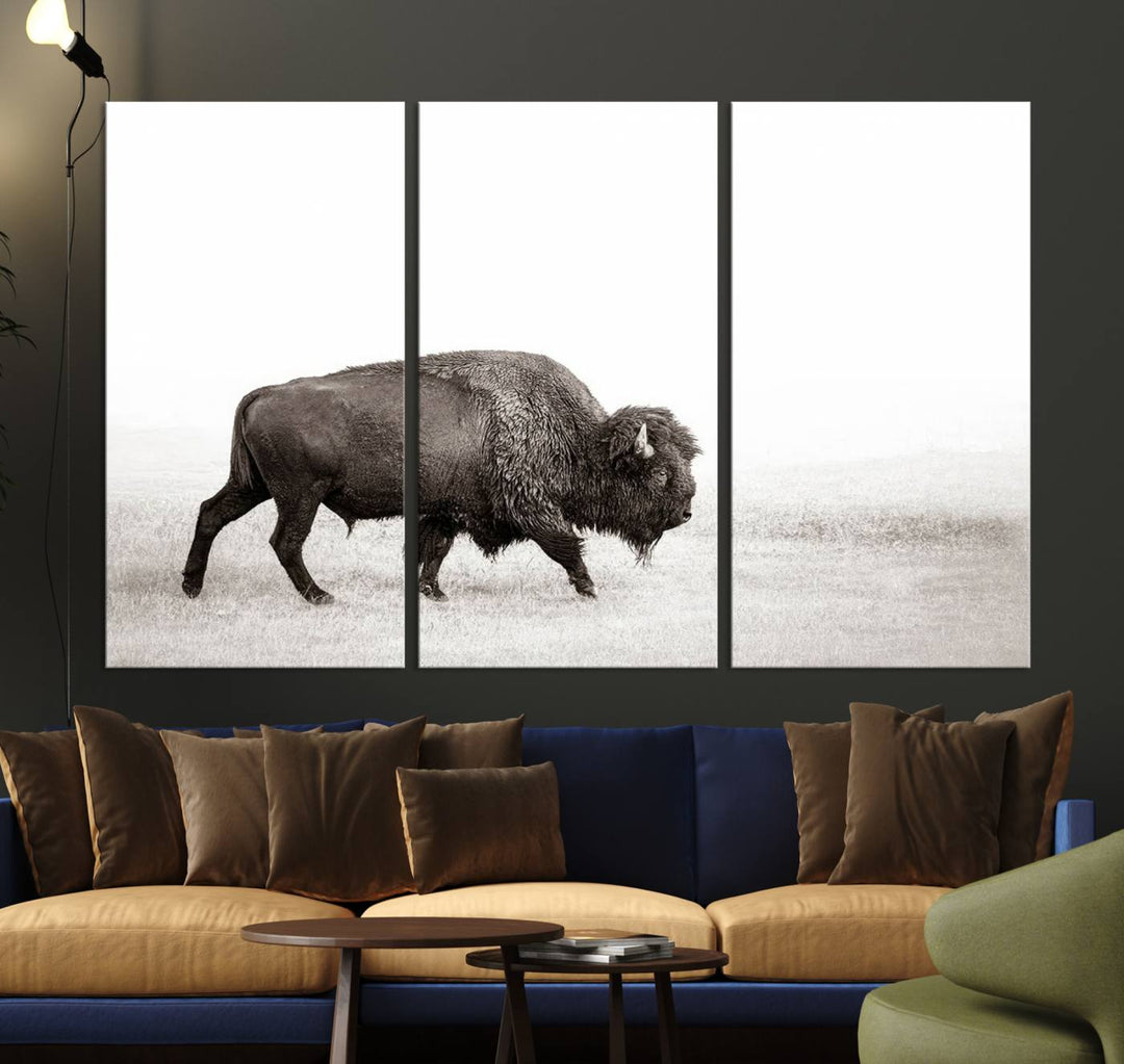 American Bison in Grasslands Triptych Canvas Wall Art – Western-Inspired Nature Decor for Home or Office