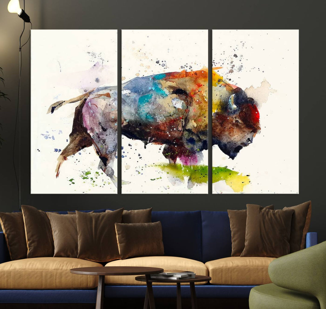 The Abstract Buffalo Wall Art, featuring a Western watercolor bison, adds a splash of color with its vibrant rustic buffalo canvas print in large multi-panel giclee style.