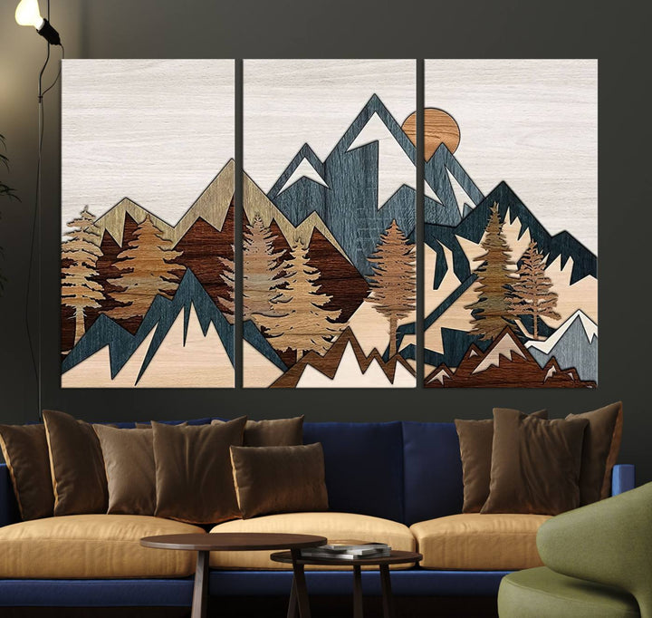 Woodland Mountain Landscape Triptych, Giclee Canvas Art for Modern Home, Rustic Wooden Nature Wall Art, Large Mountain and Tree Canvas for Living Room