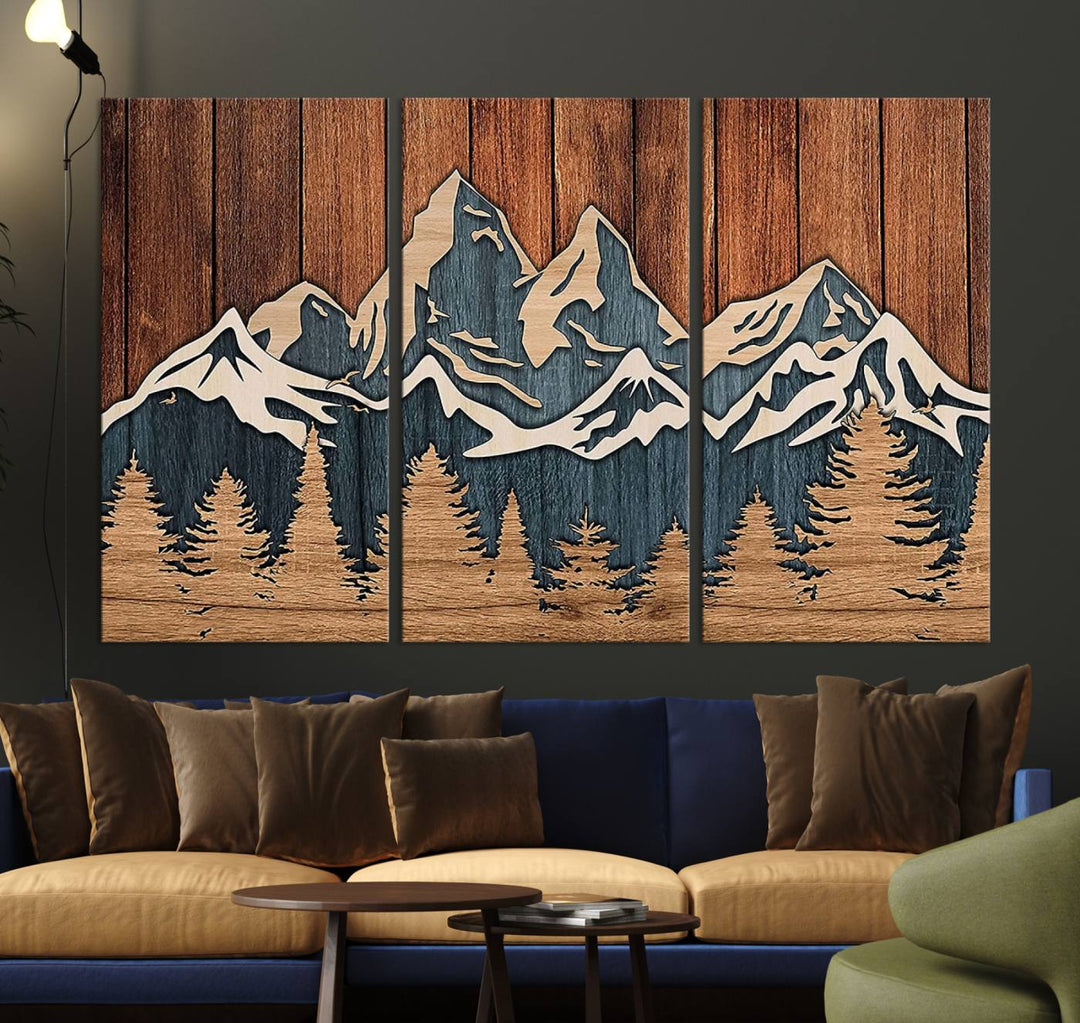 Impression sur toile d'art mural abstrait avec effet de panneau de bois, chaîne de montagnes