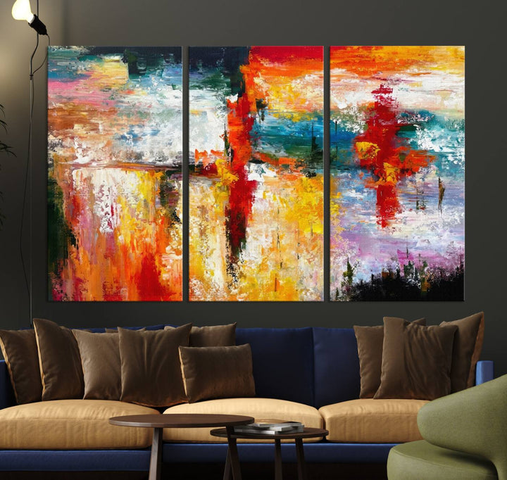 A Colorful Abstract Wall Art Canvas Print graces the wall, making this ready-to-hang masterpiece, complete with UV-protective coating, perfect for elevating any space with its vibrant allure.