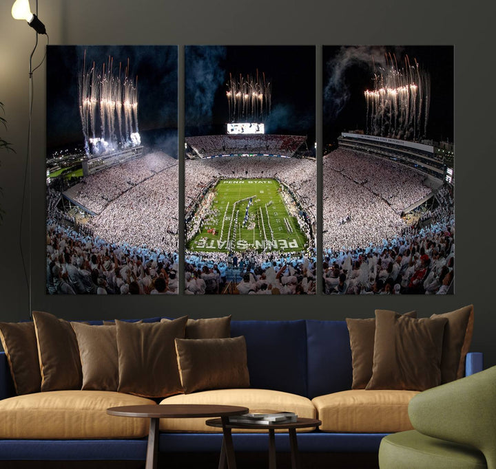 The Penn Stadium Football Wall Art Canvas Print showcases the lively ambiance of a bustling Pennsylvania University football stadium illuminated by fireworks.