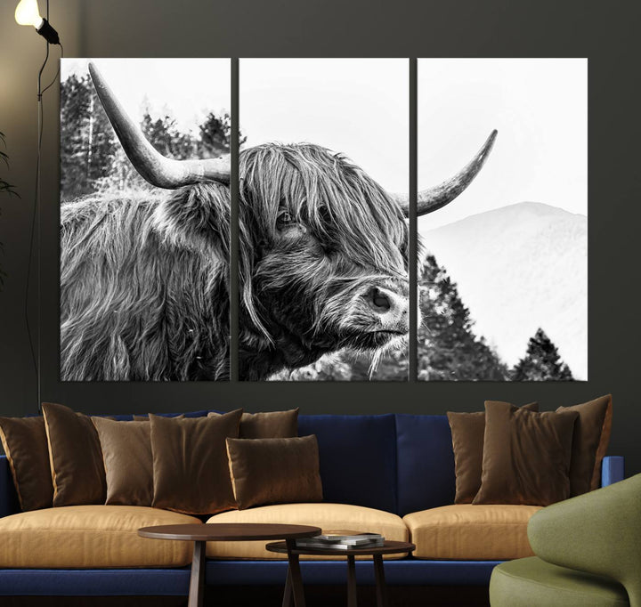 The Scottish Longhorn Wall Art Canvas Print features a highland cow with long horns and shaggy hair displayed on a museum-quality canvas. Equipped with a UV-protective coating for durability, it's ready to hang and enjoy for years to come.