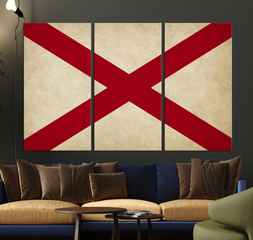 The USA Alabama States Flag Wall Art, featuring a red diagonal cross on a cream background, is elegantly displayed on museum-quality canvas with a UV-protective coating.