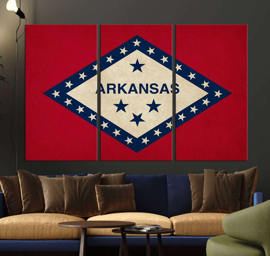 The Arkansas Flag Wall Art Canvas Print is displayed on gallery-wrapped, museum-quality canvases. Its vibrant colors are preserved by a UV-protective coating, ensuring long-lasting brilliance in your living space.